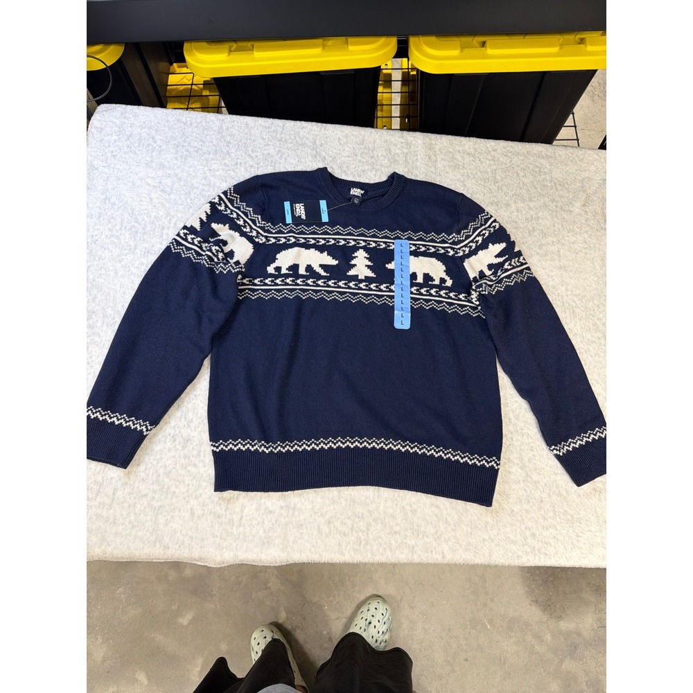 Lands End Mens Fair Isle Polar Bear Sweater Navy Blue White Large‎ NEW